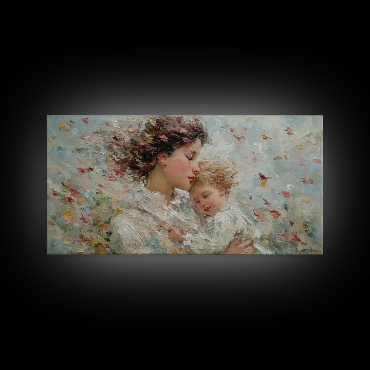 Windblown Mother And Sleeping Child With Petals Canvas Print, Feminine Wall Art, Impressionist Nursery Decor, Gift For Her