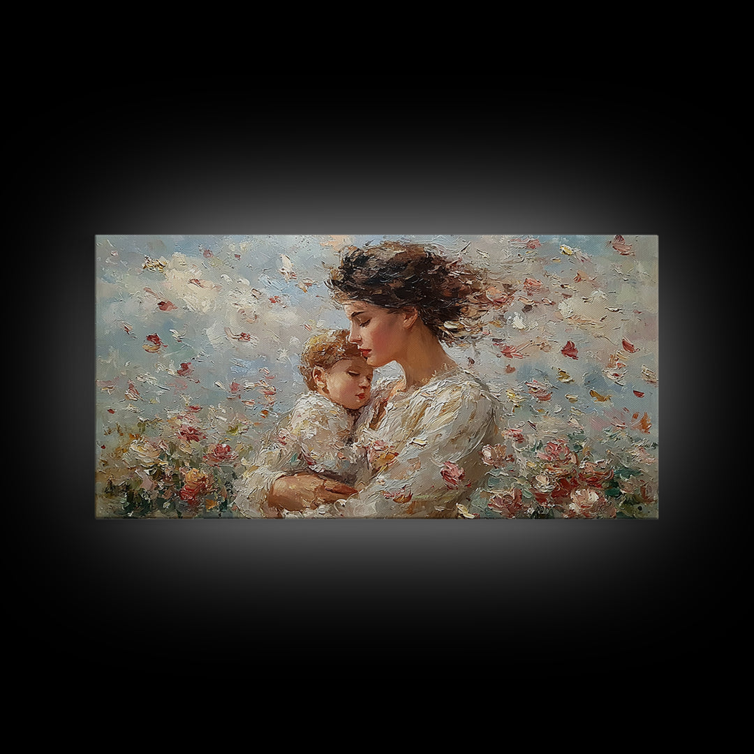 Mother Embracing Child In Blossoming Garden Wall Art, Impressionist Framed Canvas Print, Romantic Floral Decor, Gift For Mom