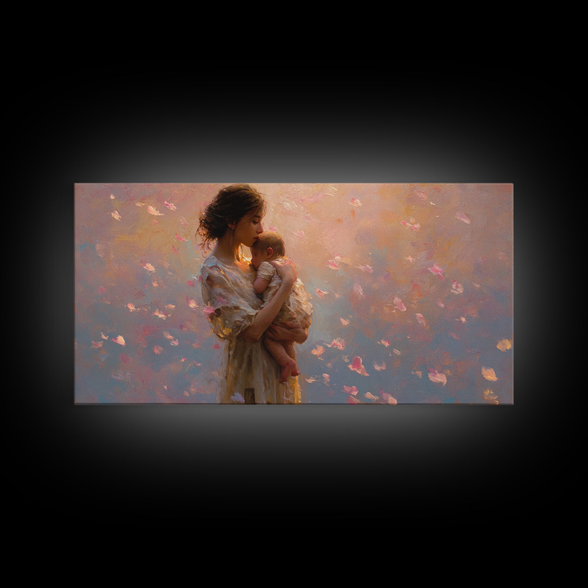 Soft Pink Mother And Baby At Sunset Canvas Print, Romantic Nursery Wall Art, Feminine Bedroom Decor, Beautiful Gift For New Mom