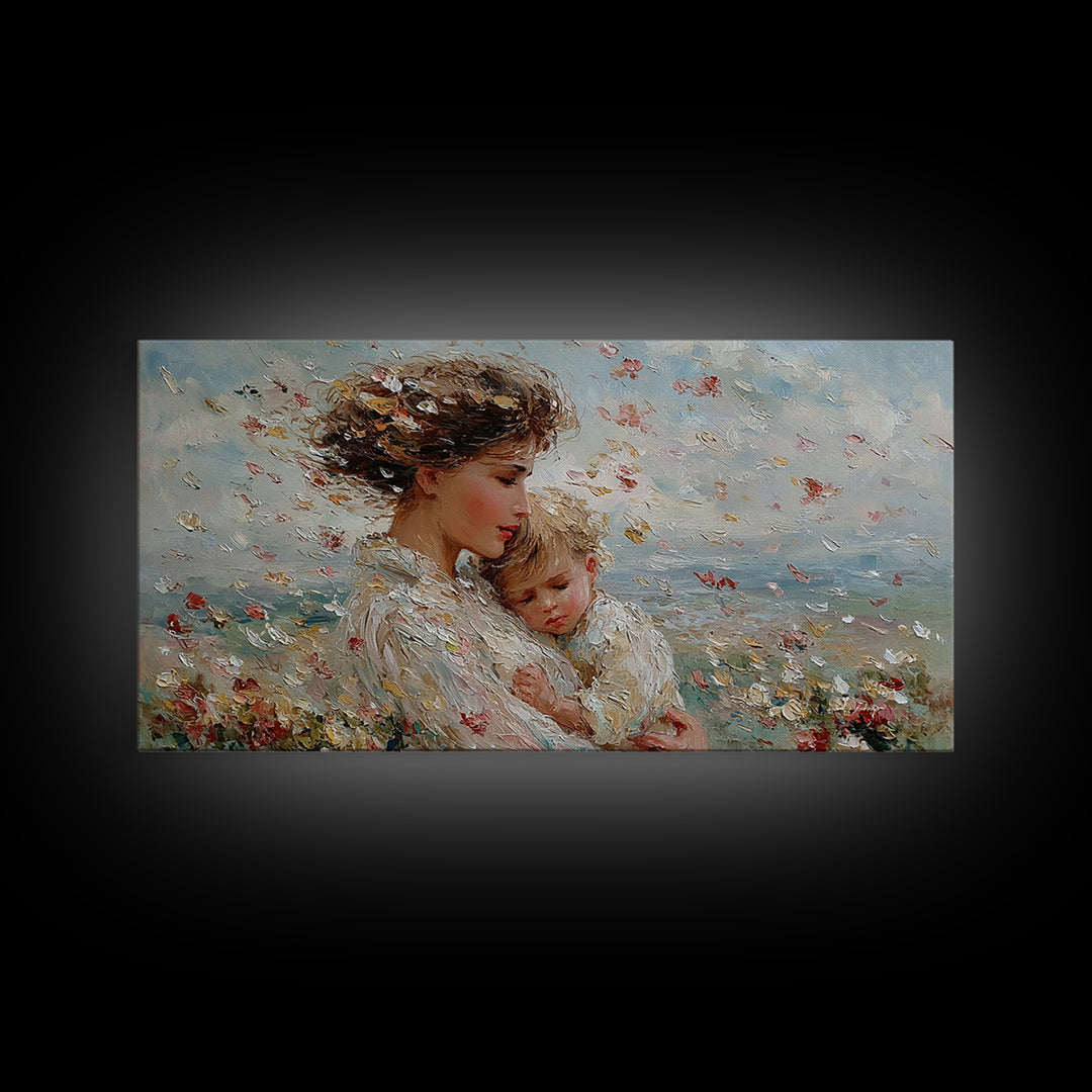 Windy Meadow Mother And Child With Falling Petals Wall Art, Impressionist Canvas Print, Floral Nursery Decor, Gift For Mom