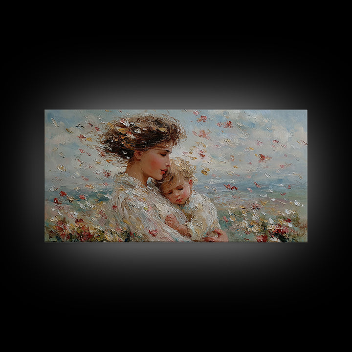 Windy Meadow Mother And Child With Falling Petals Wall Art, Impressionist Canvas Print, Floral Nursery Decor, Gift For Mom