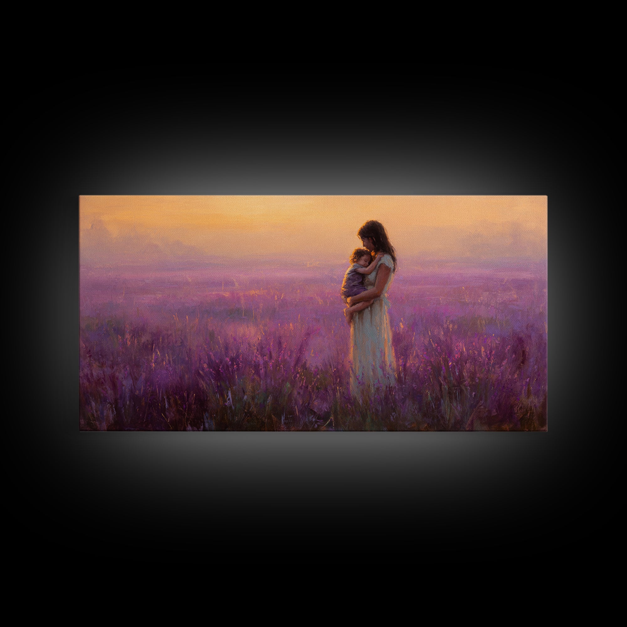 Mother And Child In Lavender Field At Sunset Canvas Print, Purple Landscape Wall Art, Romantic Bedroom Decor, Gift For Mom