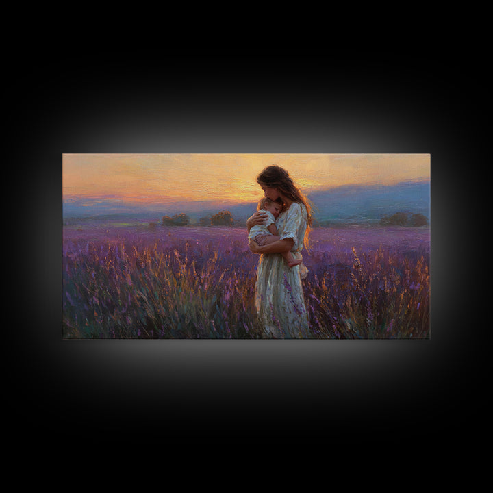 Mother Cradling Child In Lavender Sunset Field Canvas Print, Romantic Wall Art, Impressionist Bedroom Decor, Gift For Her