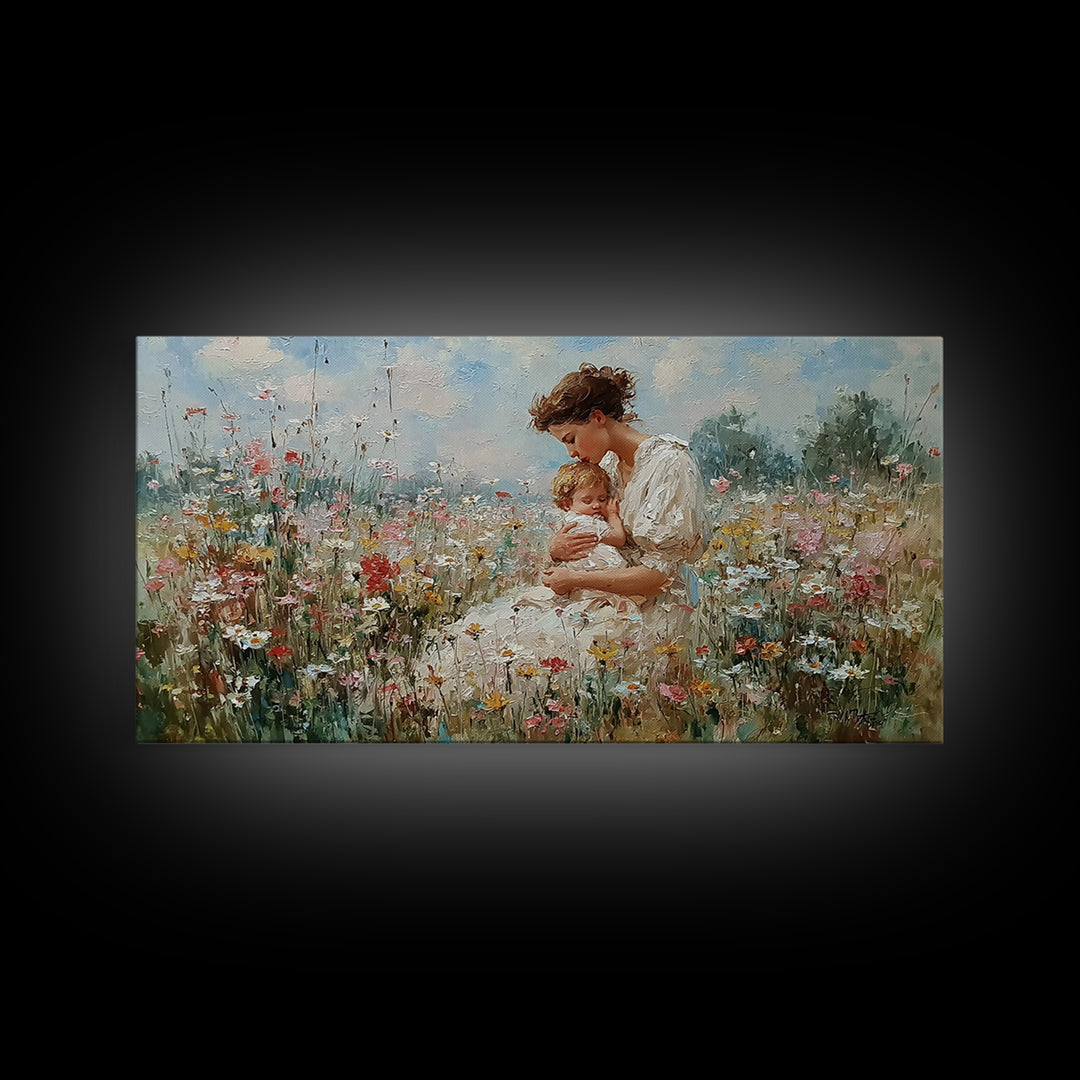 Mother And Baby In Wildflower Meadow Canvas Print, Impressionist Floral Nursery Wall Art, Gift For Mom, Motherhood Decor