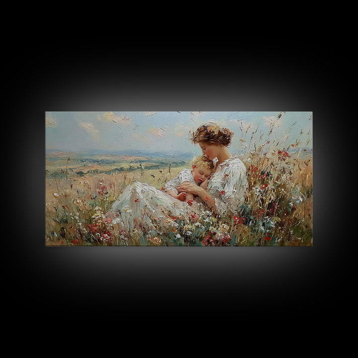 Nursing Mother And Baby In Summer Meadow Framed Canvas Print, Impressionist Floral Wall Art, Motherhood Gift, Nursery Decor