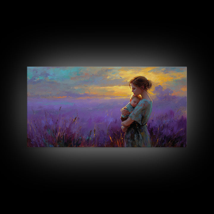 Mother Holding Baby In Lavender Sunset Canvas Print, Purple Field Wall Art, Motherhood Gift, Calming Nursery Bedroom Decor