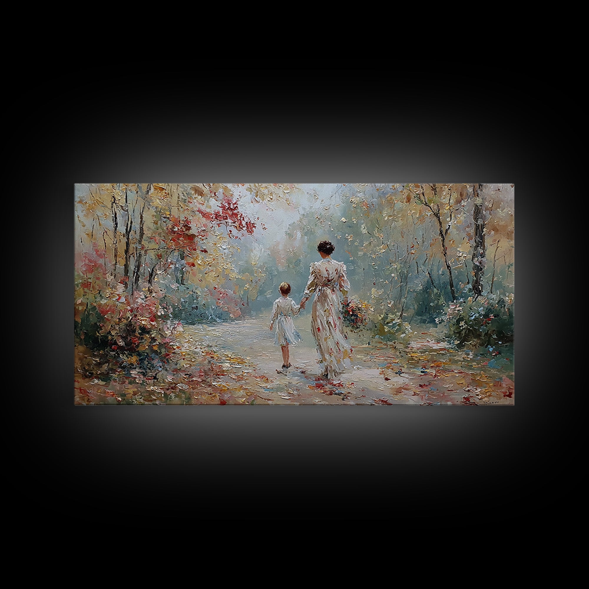 Mother And Child Walking Floral Woodland Path Wall Art, Impressionist Autumn Canvas Print, Family Gift, Living Room Decor