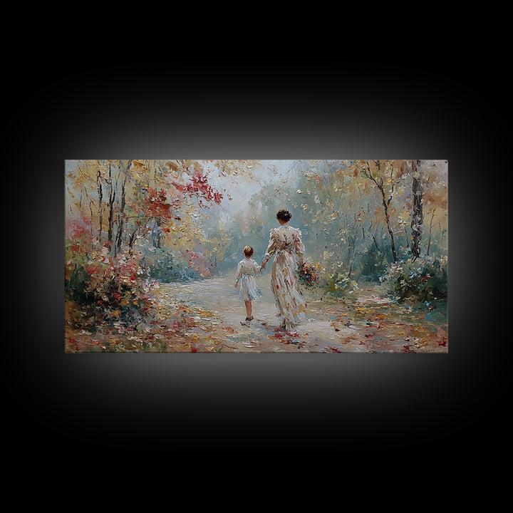 Mother And Child Walking Floral Woodland Path Wall Art, Impressionist Autumn Canvas Print, Family Gift, Living Room Decor