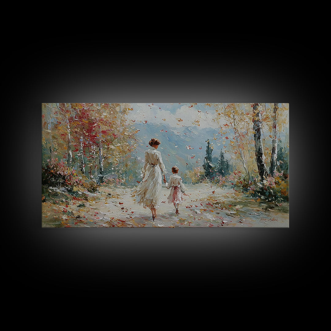 Mother And Child On Blossom Mountain Path Canvas Print, Impressionist Landscape Wall Art, Neutral Nursery Living Room Decor