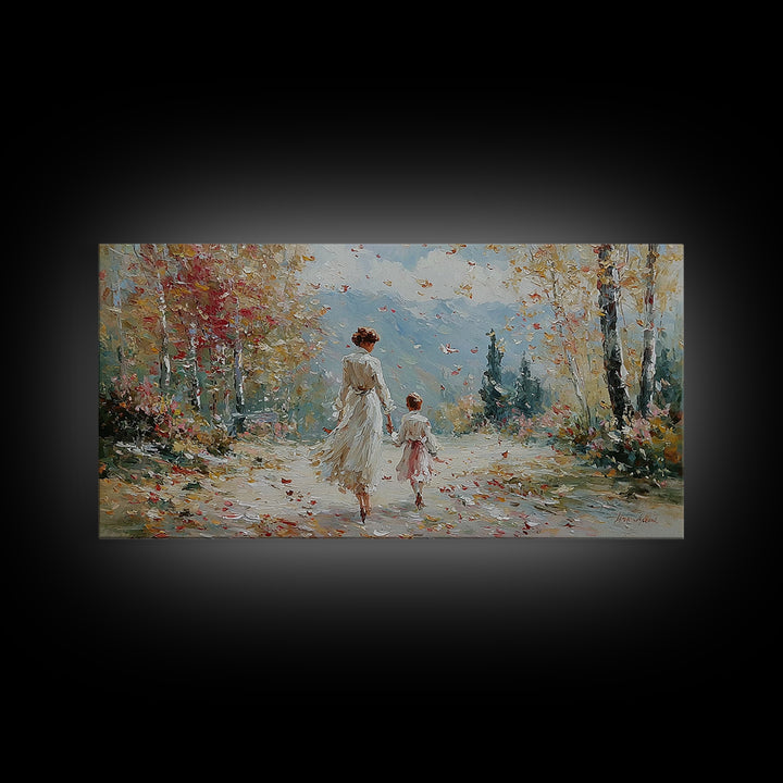 Mother And Child On Blossom Mountain Path Canvas Print, Impressionist Landscape Wall Art, Neutral Nursery Living Room Decor