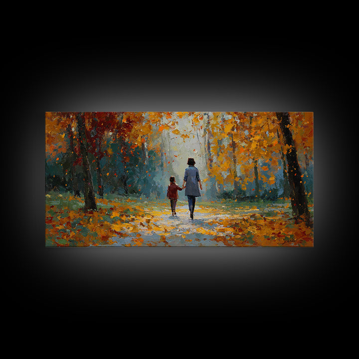 Mother And Child In Golden Autumn Park Framed Canvas Print, Fall Landscape Wall Art, Family Gift, Cozy Living Room Home Decor