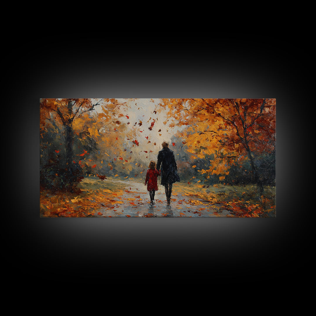 Father And Child In Orange Autumn Forest Wall Art, Impressionist Fall Canvas Print, Family Gift, Cozy Living Room Home Decor