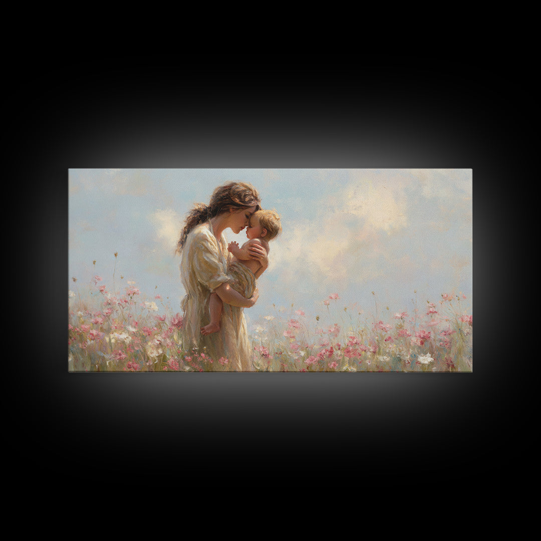 Mother Kissing Baby In Pastel Wildflower Meadow Canvas Print, Impressionist Nursery Wall Art, Motherhood Gift, Bedroom Decor