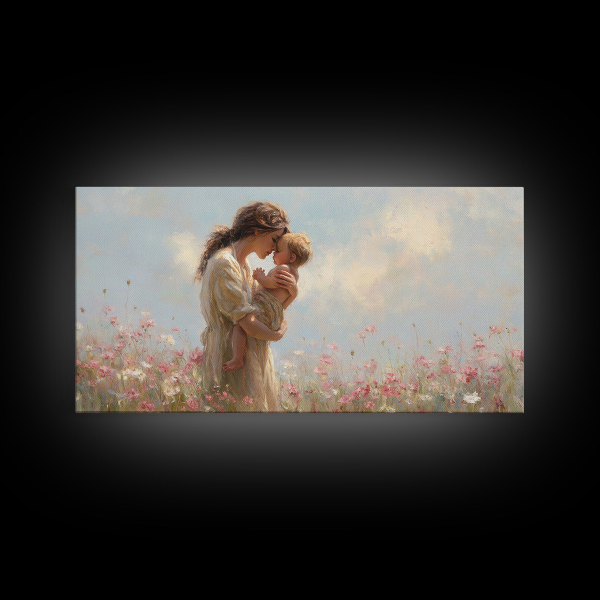 Mother Kissing Baby In Pastel Wildflower Meadow Canvas Print, Impressionist Nursery Wall Art, Motherhood Gift, Bedroom Decor