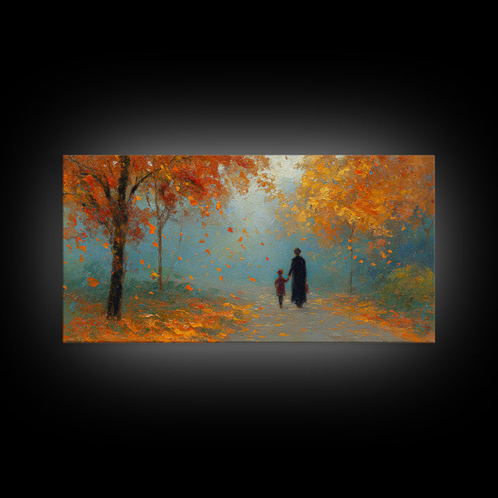 Father And Child Walking Orange Autumn Path Framed Canvas Print, Fall Forest Wall Art, Family Gift, Cozy Living Room Decor