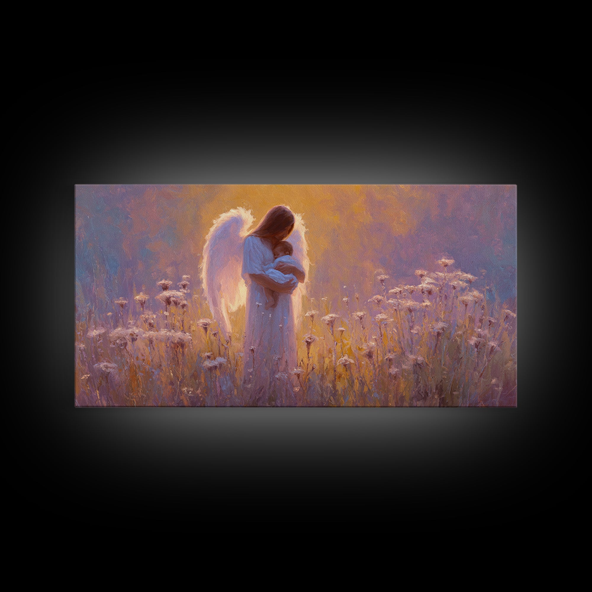 Guardian Angel Holding Baby In Glowing Meadow Canvas Print, Spiritual Nursery Wall Art, Motherhood Gift, Christian Decor