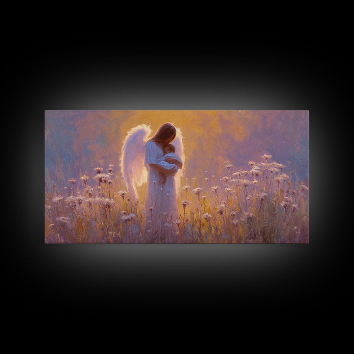 Guardian Angel Holding Baby In Glowing Meadow Canvas Print, Spiritual Nursery Wall Art, Motherhood Gift, Christian Decor