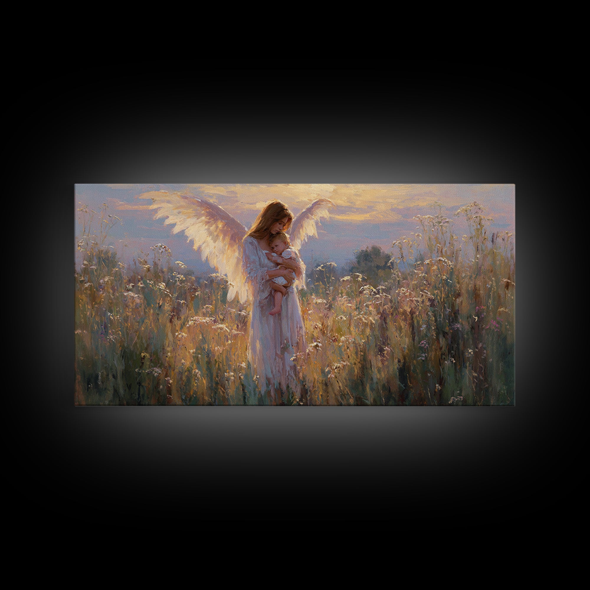 Guardian Angel Mother And Baby In Golden Wildflower Meadow Wall Art, Christian Nursery Decor, Motherhood Gift, Fine Art Print