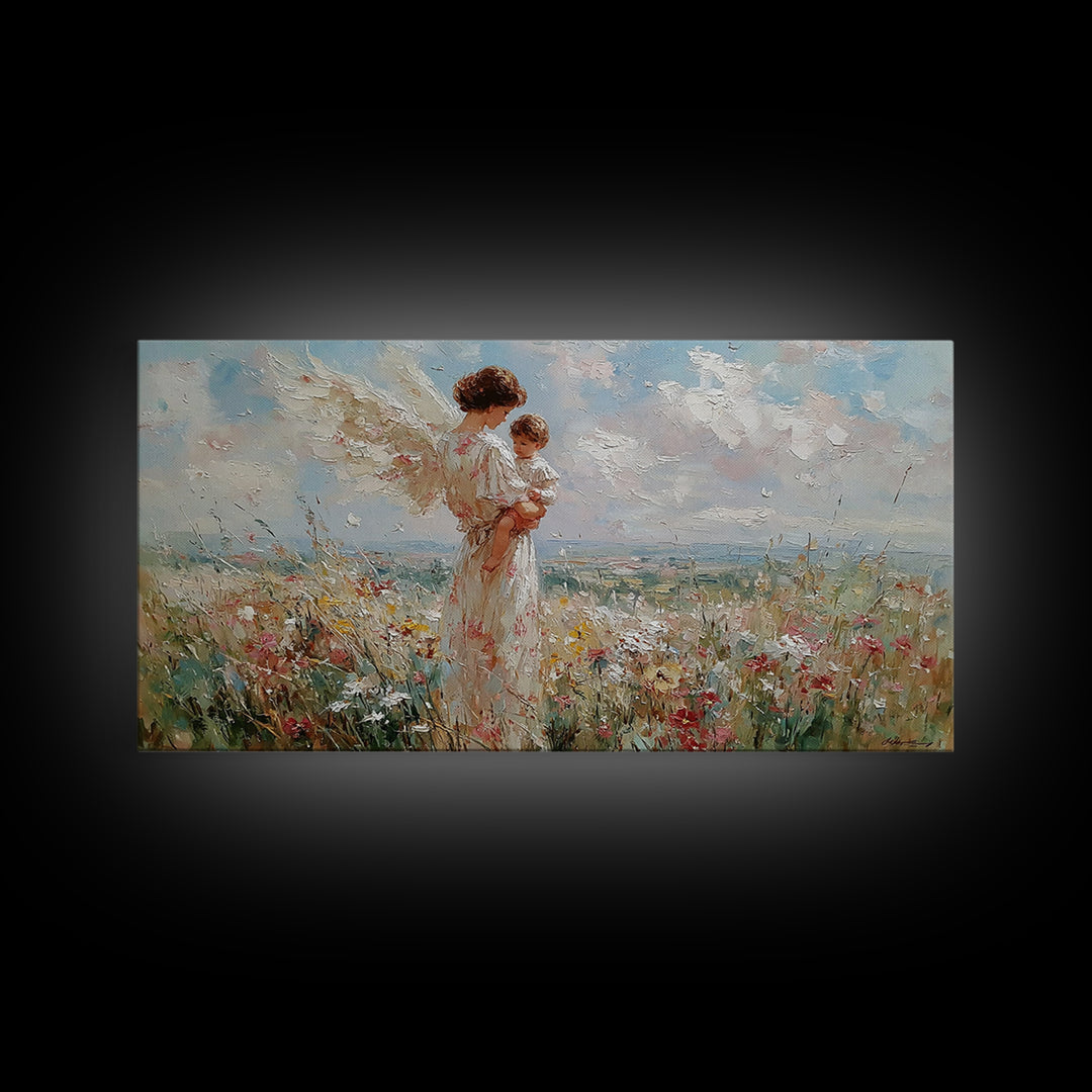 Angel Mother Holding Baby In Breezy Flower Field Canvas Print, Christian Wall Decor, Nursery Art, Mothers Day Gift For Her