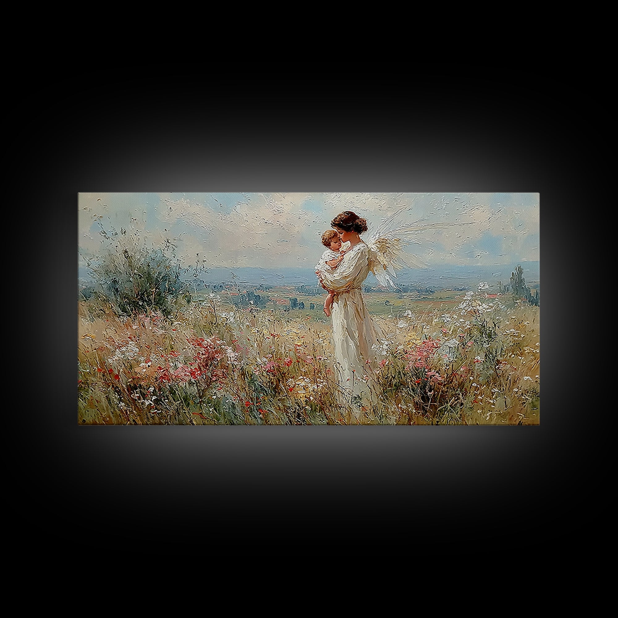 White Angel Mother And Child In Sunlit Wildflower Field Wall Art, Christian Home Decor, Serene Nursery Art Print Gift For Her
