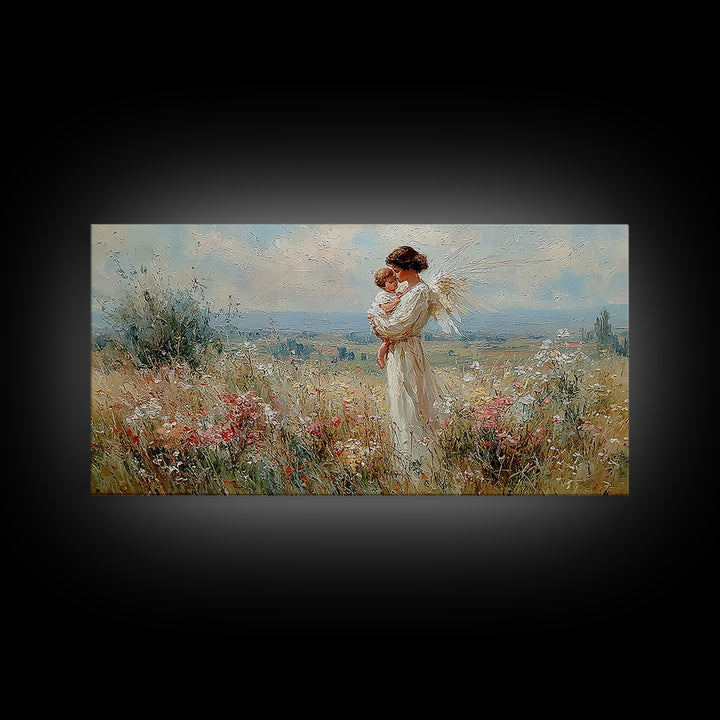 White Angel Mother And Child In Sunlit Wildflower Field Wall Art, Christian Home Decor, Serene Nursery Art Print Gift For Her
