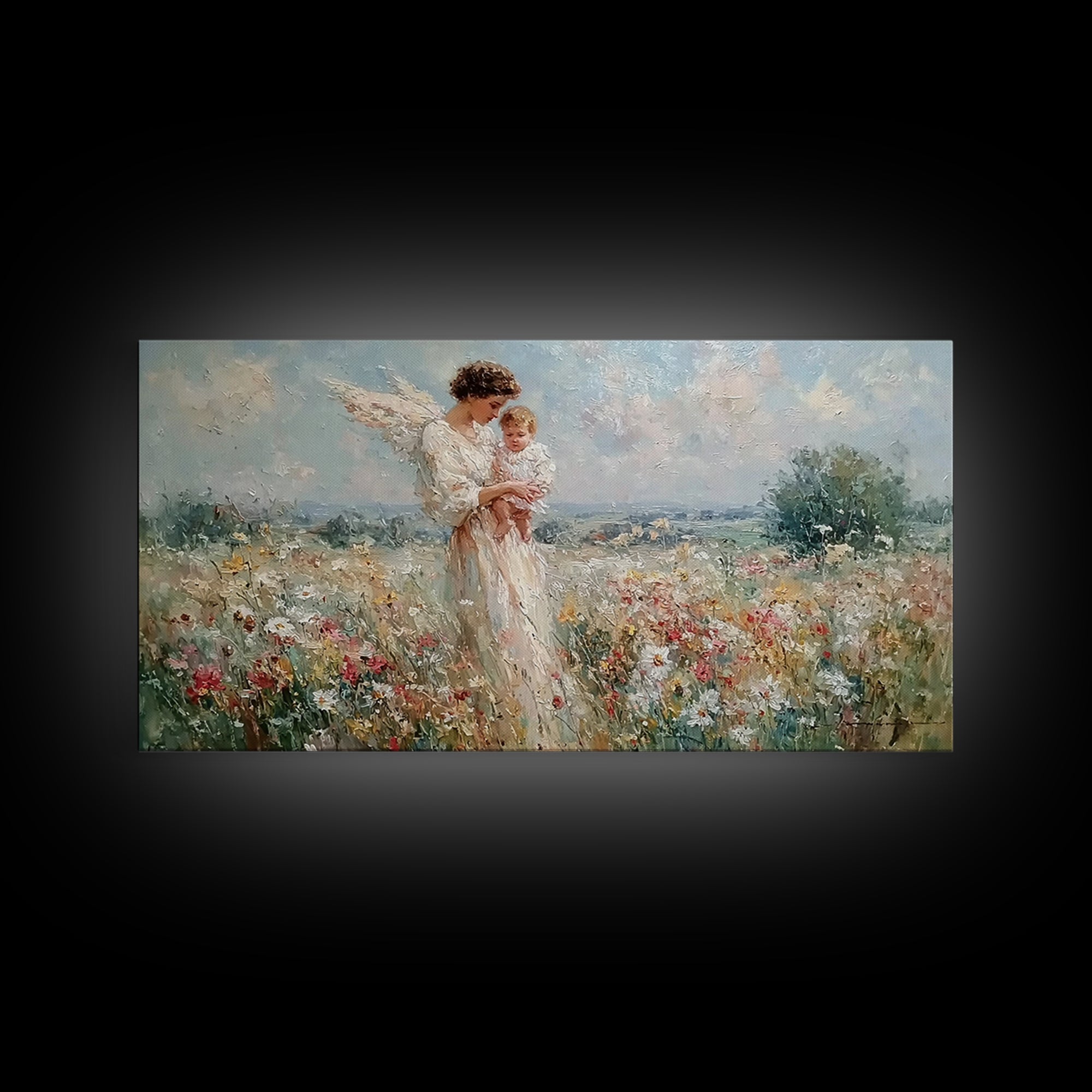 Impressionist Angel Mother With Baby In Daisy Meadow Framed Canvas Print, Christian Nursery Decor, Motherhood Wall Art Gift