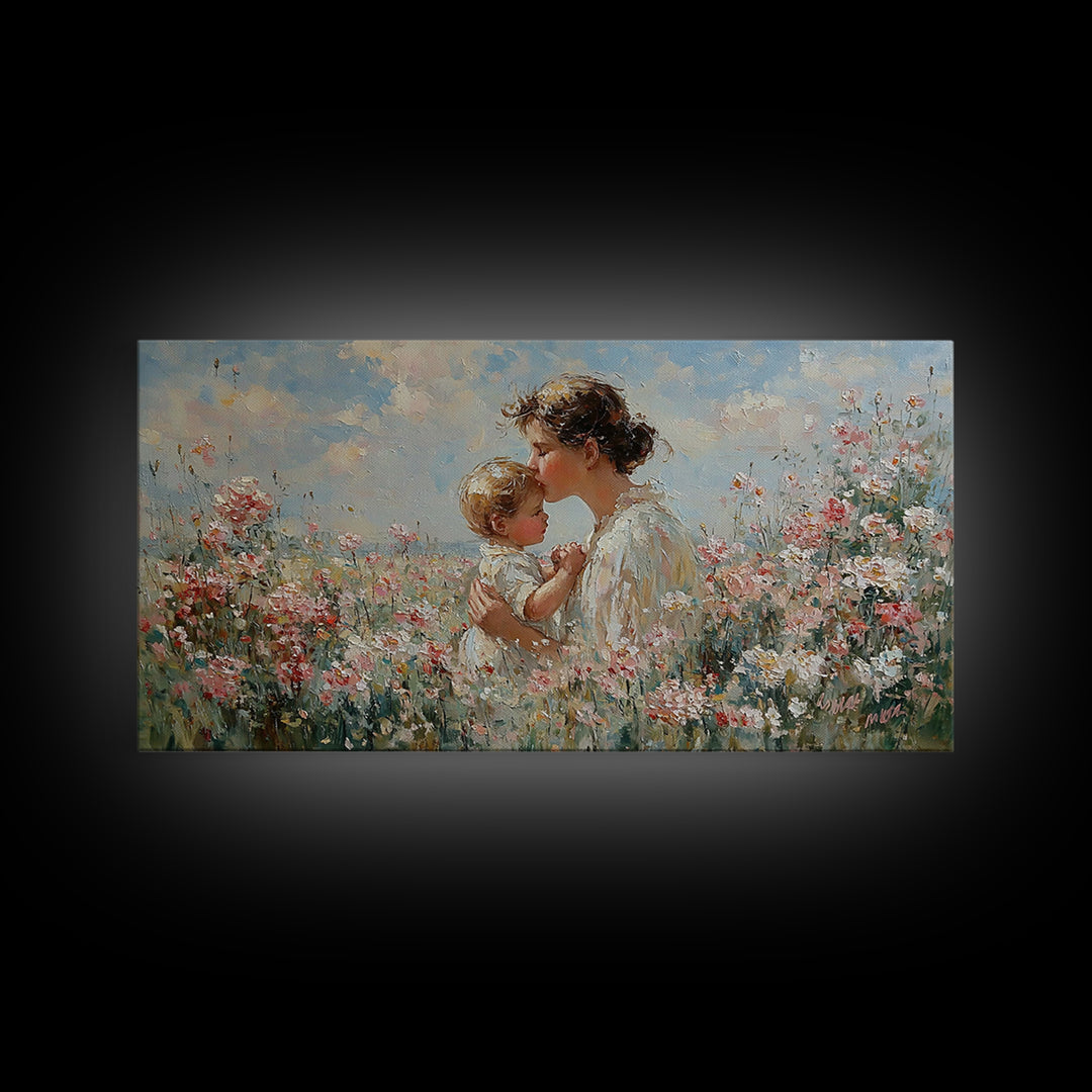 Mother Kissing Baby In Pink Wildflower Garden Wall Art, Impressionist Nursery Decor, Motherhood Gift, Feminine Art Print