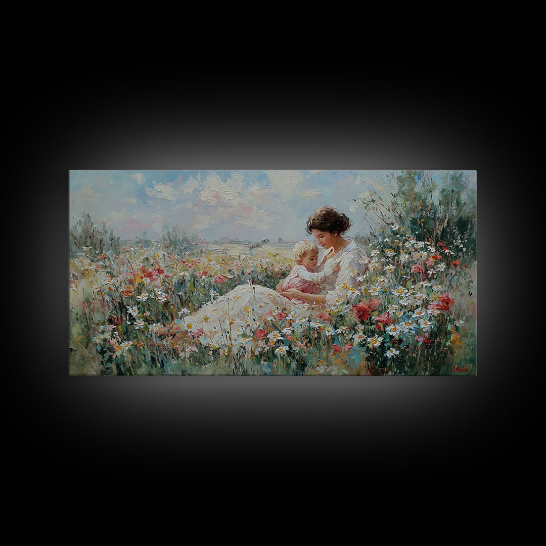 Mother And Baby In Wildflower Meadow Wall Art, Impressionist Floral Landscape, Fine Art Print, Motherhood Gift Home Decor