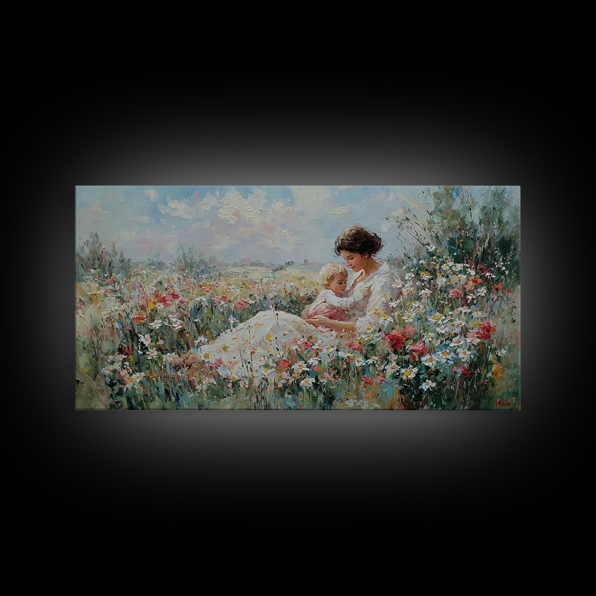 Mother And Baby In Wildflower Meadow Wall Art, Impressionist Floral Landscape, Fine Art Print, Motherhood Gift Home Decor