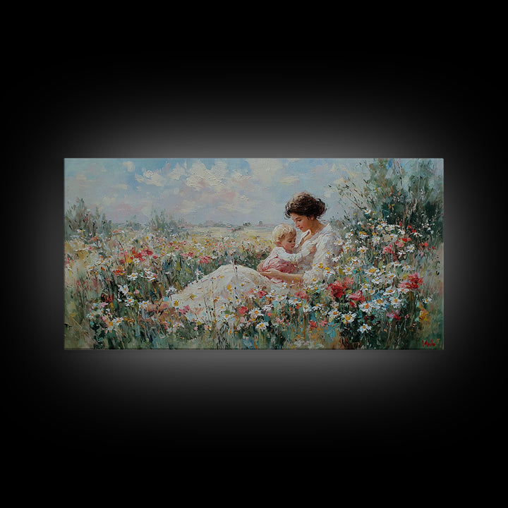 Mother And Baby In Wildflower Meadow Wall Art, Impressionist Floral Landscape, Fine Art Print, Motherhood Gift Home Decor