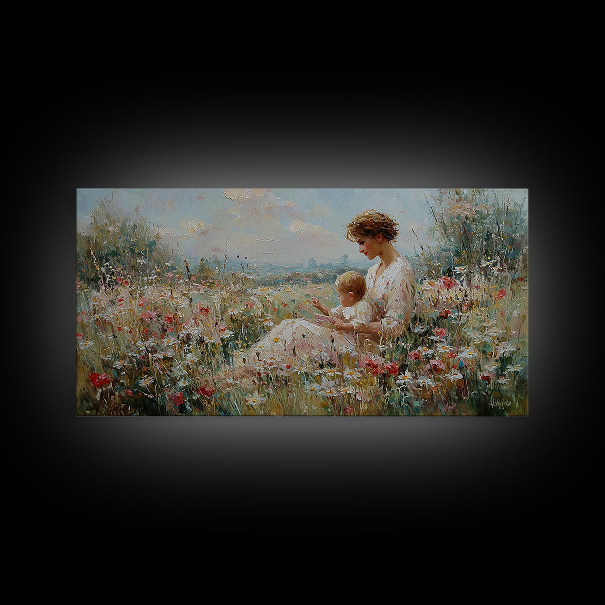 Seaside Wildflower Mother And Child Canvas Print, Impressionist Meadow Landscape, Mother's Day Gift, Living Room Home Decor
