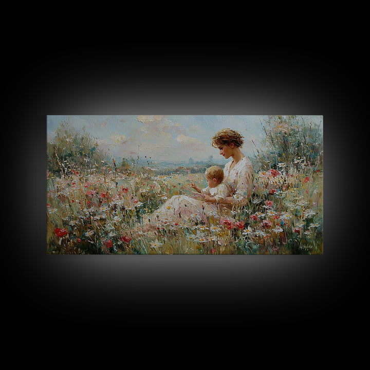 Seaside Wildflower Mother And Child Canvas Print, Impressionist Meadow Landscape, Mother's Day Gift, Living Room Home Decor