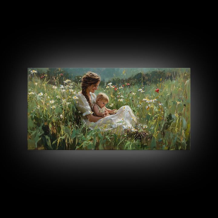 Sunlit Mother And Baby In Daisy Meadow Framed Canvas Print, Impressionist Floral Landscape, Gift For Her, Nursery Wall Decor