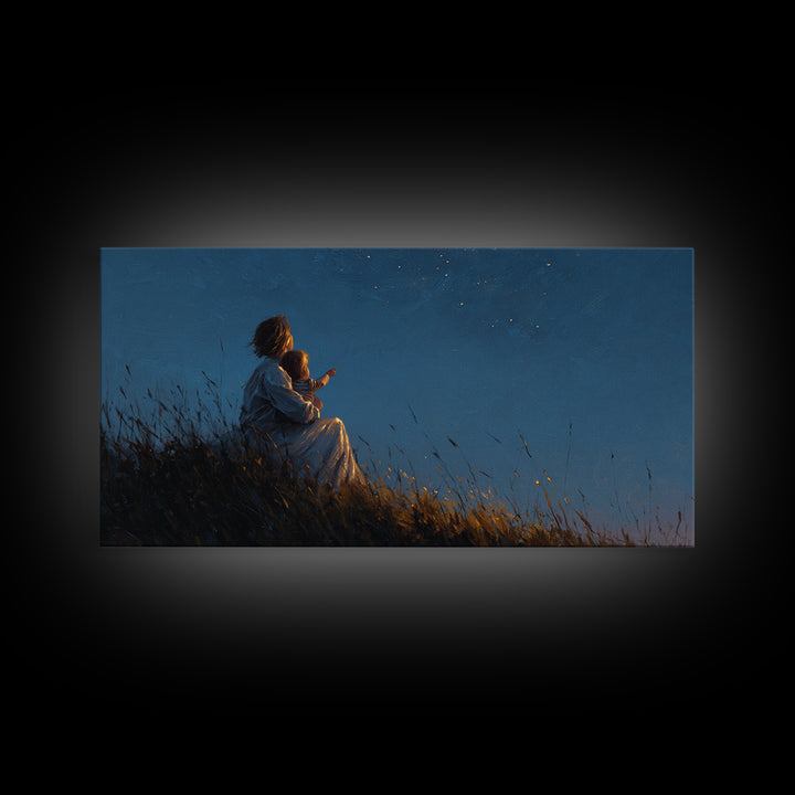 Mother And Child Stargazing On Moonlit Hill Wall Art, Calming Moody Celestial Landscape, Romantic Bedroom Decor, Gift For Her