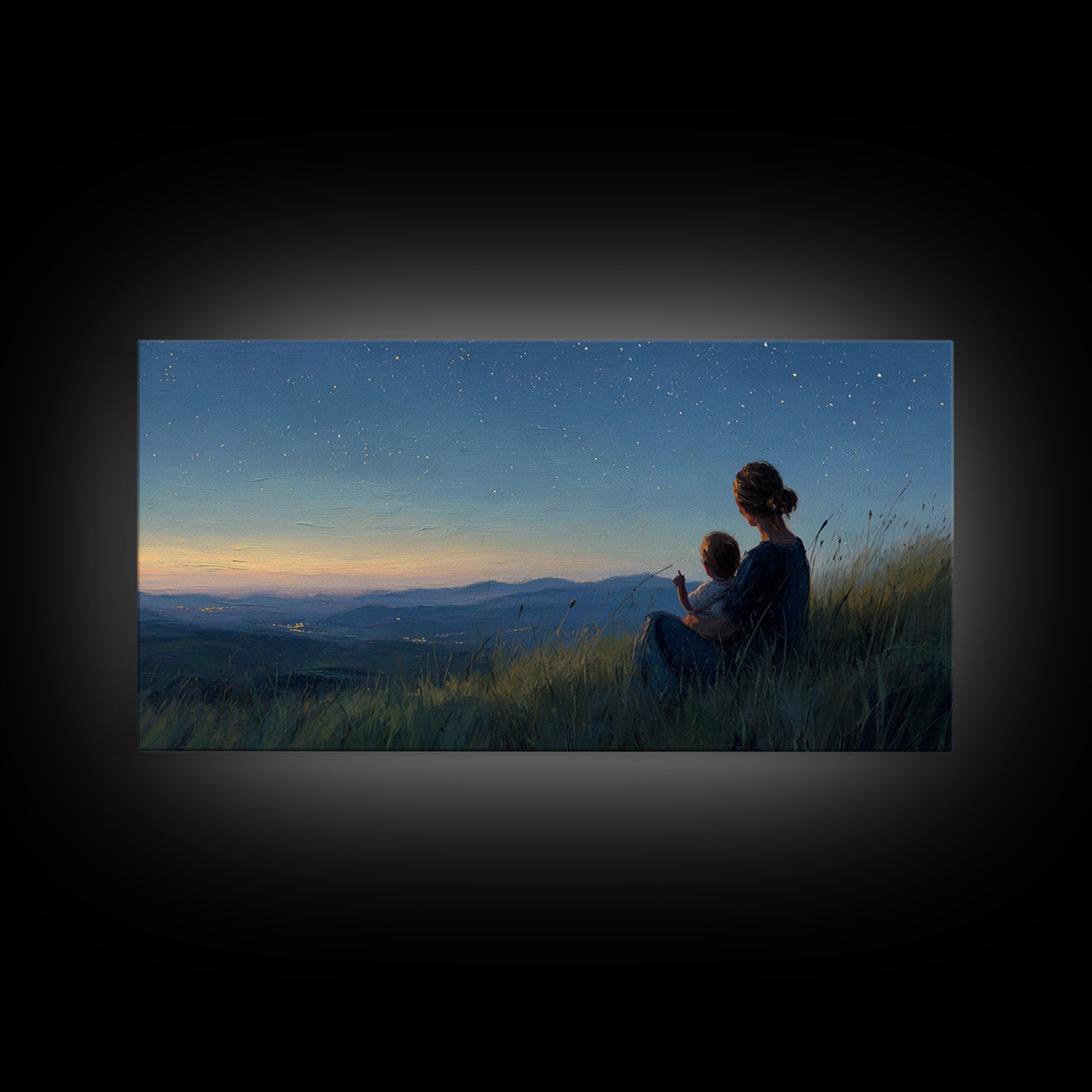 Mother And Child Under Starry Mountain Sky Canvas Print, Celestial Landscape, Blue Bedroom Art, Above Bed Decor, Gift For Her