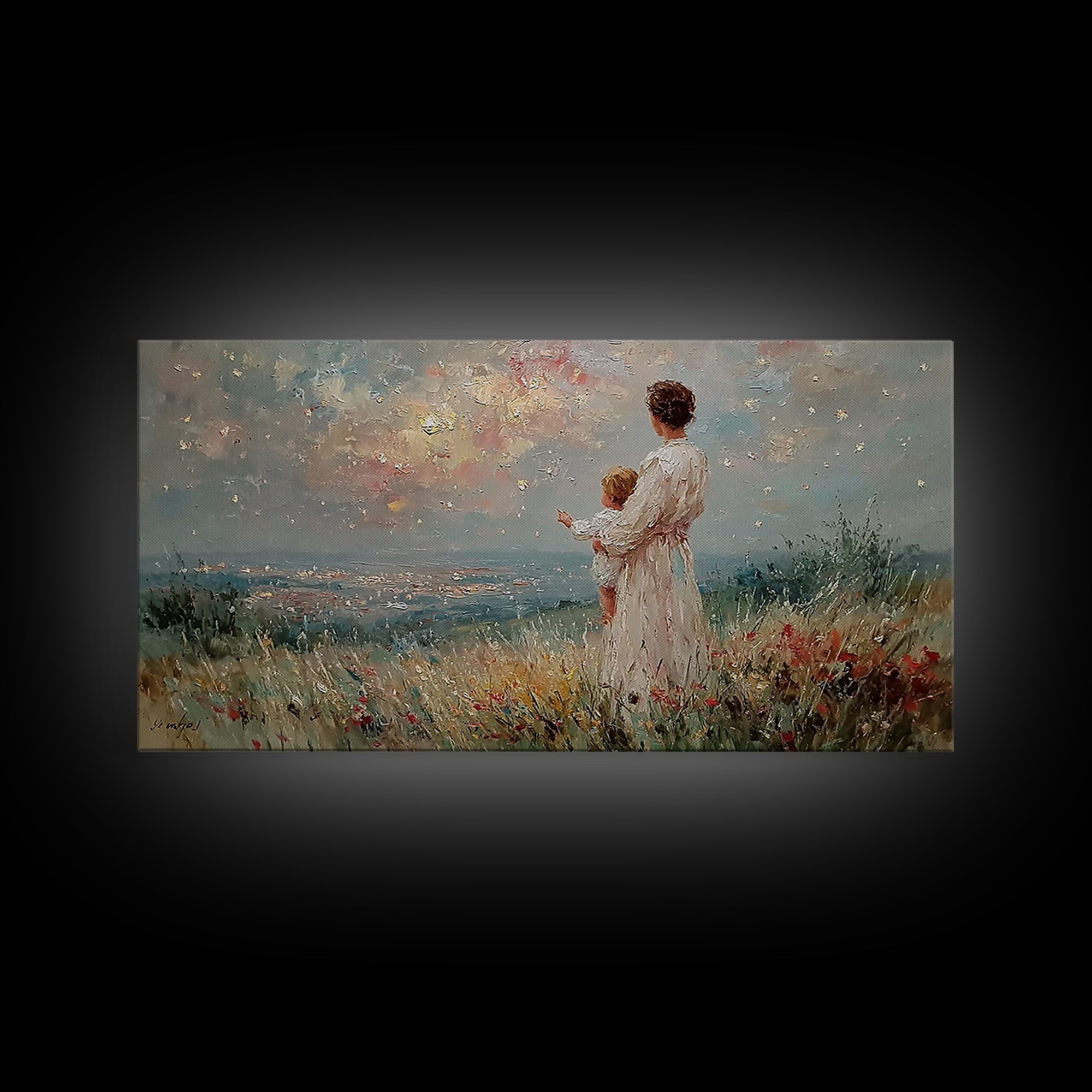 Mother Holding Baby At Sunset Meadow Framed Canvas Print, Romantic Floral Landscape, Fine Art Print, Nursery Wall Decor, Gift For Her