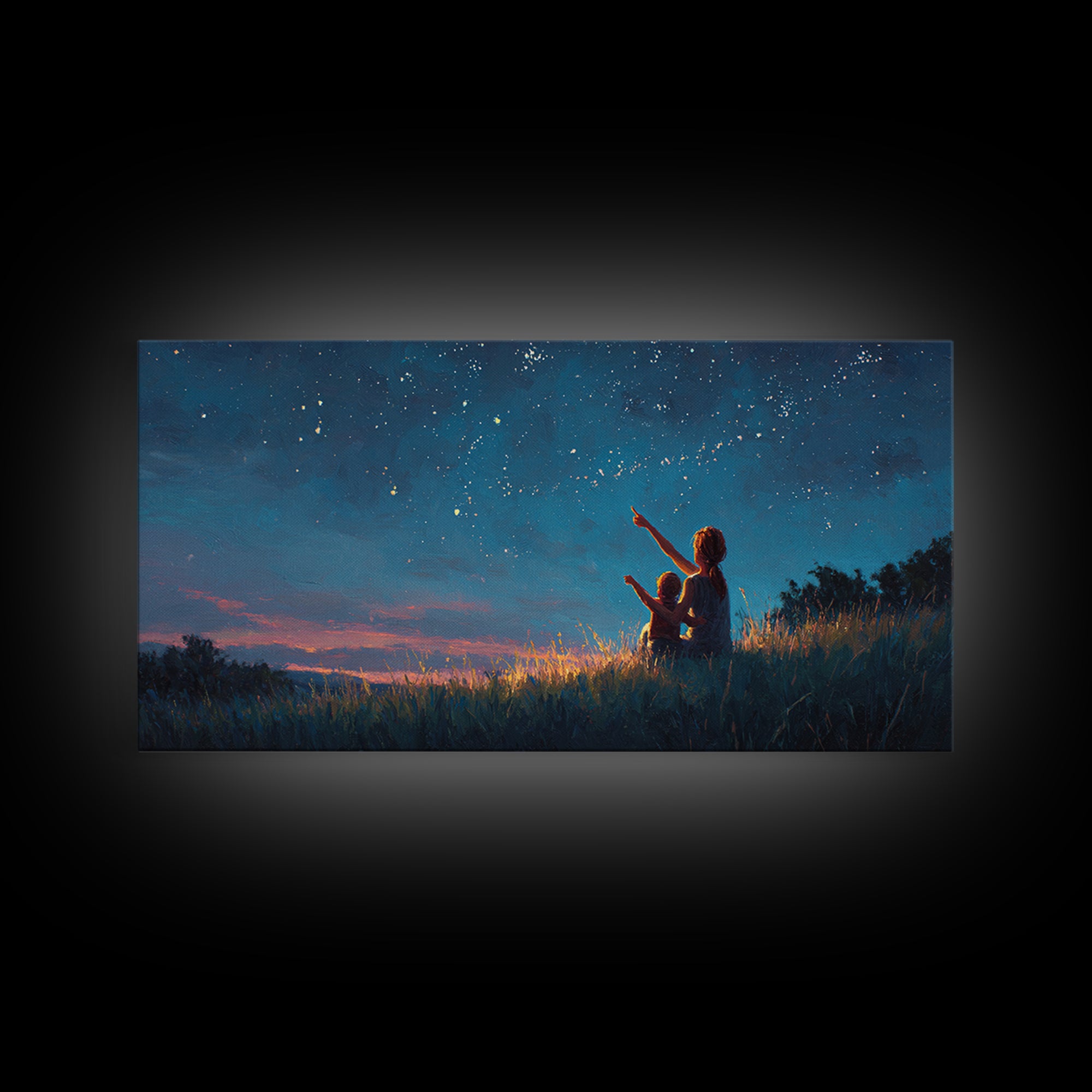 Mother And Child Pointing At Twilight Stars Canvas Print, Celestial Landscape, Blue Wall Art, Modern Bedroom Decor, Gift