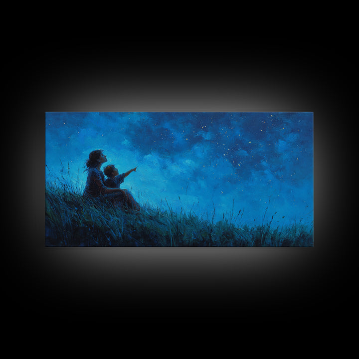 Mother And Child Beneath Deep Blue Starry Sky Wall Art, Celestial Landscape, Calming Bedroom Decor, Above Bed Print, Gift For Her