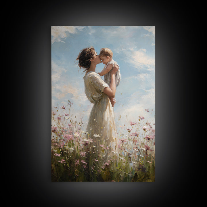 Mother Holding Baby In Wildflower Meadow Framed Canvas Print, Soft Sky Nursery Wall Art, Mothers Day Gift, Fine Art Print