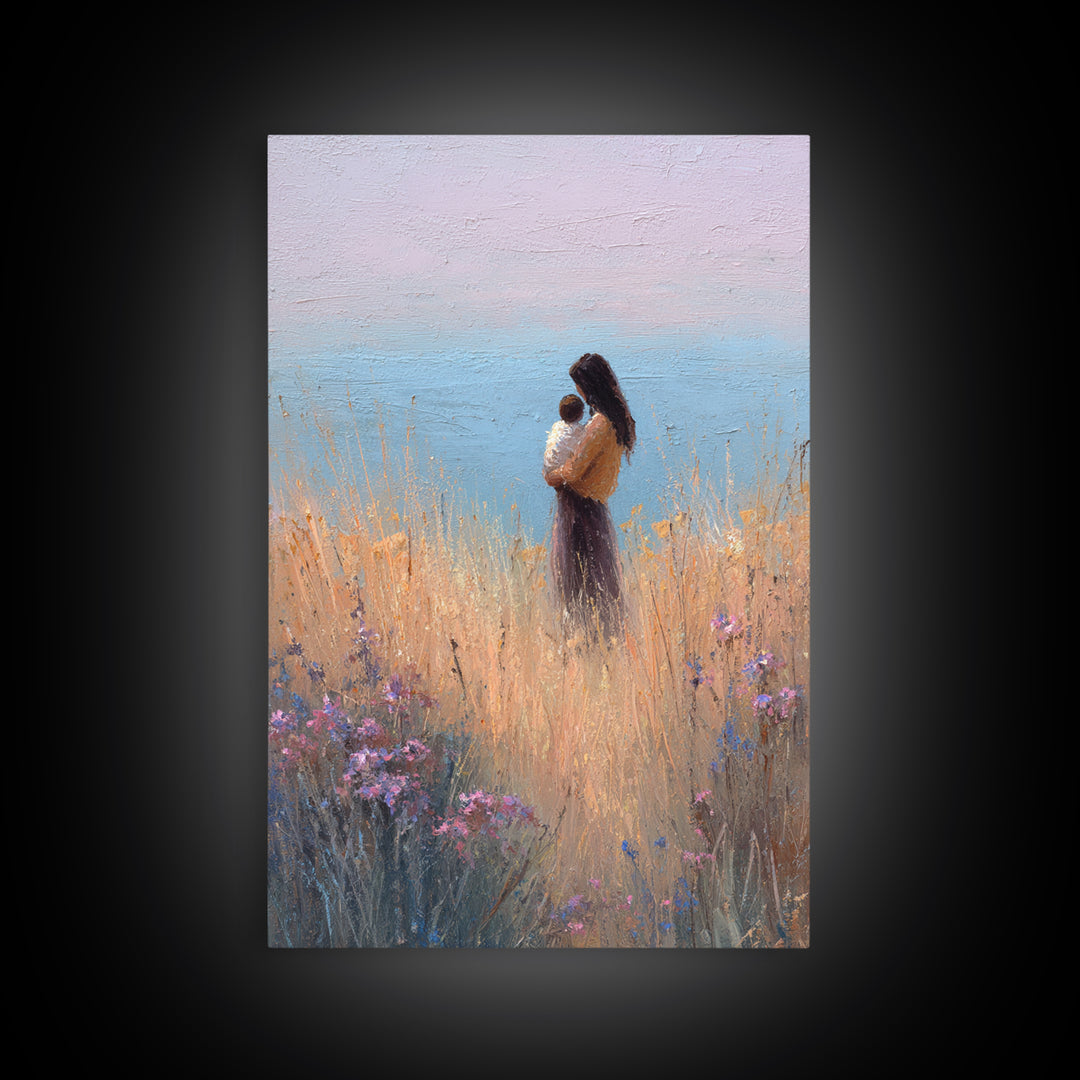 Mother And Baby By Ocean Grass Canvas Print, Pastel Coastal Wall Art, Peaceful Nursery Decor, Gift For Her, Minimalist Art
