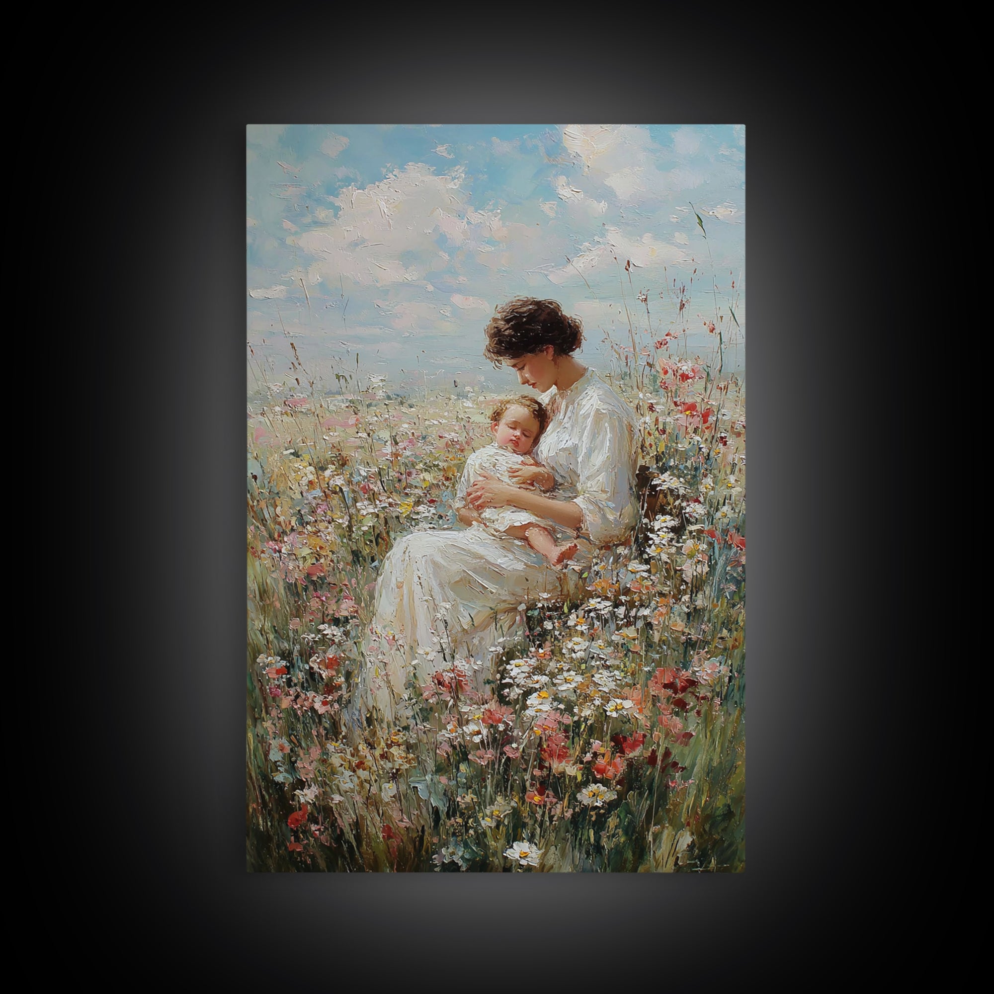 Seated Mother And Baby In Wildflowers Framed Canvas Print, Soft Floral Wall Art, Nursery Decor, Mothers Day Gift For Her
