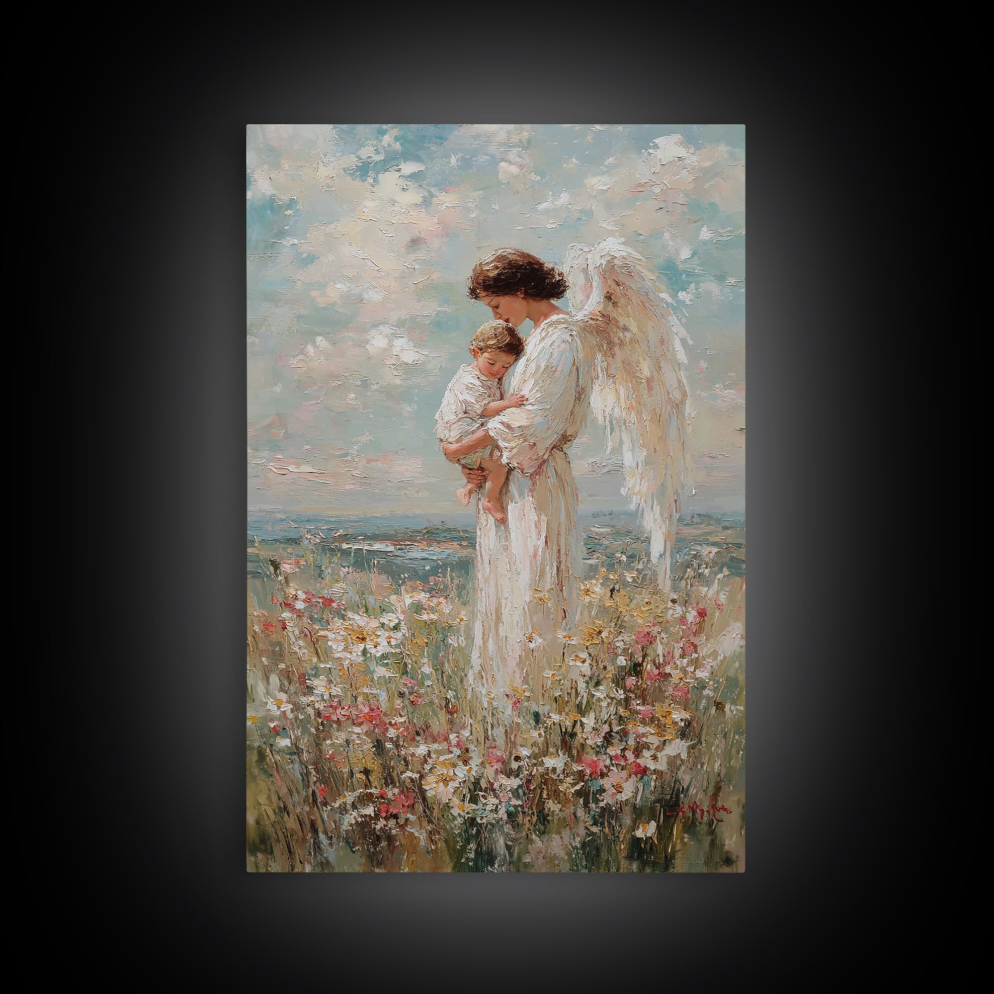 Guardian Angel Holding Child In Flower Meadow Wall Art, Christian Nursery Decor, Spiritual Canvas Print, Baptism Gift For Mom