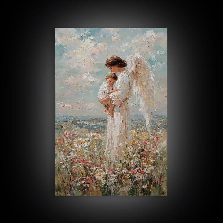 Guardian Angel Holding Child In Flower Meadow Wall Art, Christian Nursery Decor, Spiritual Canvas Print, Baptism Gift For Mom