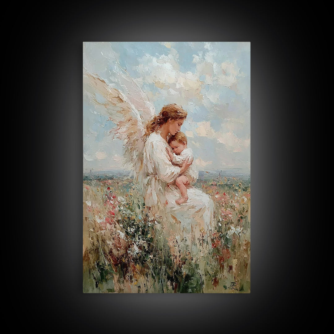 Angel Mother Cradling Baby In Wildflower Field Framed Canvas Print, Christian Wall Art, Nursery Decor, Spiritual Gift For Mom