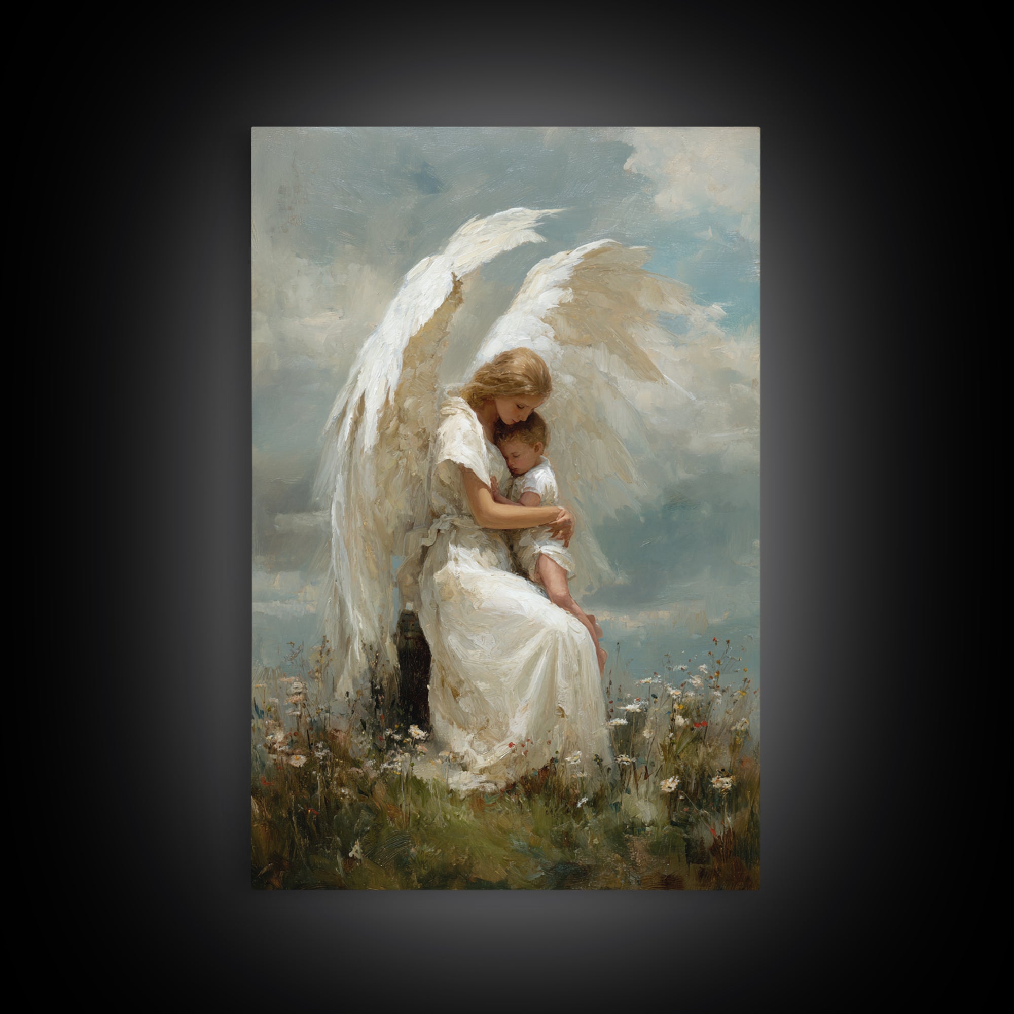 Winged Guardian Angel Embracing Baby Framed Canvas Print, Heavenly Christian Wall Art, Nursery Decor, Baptism Gift For Her
