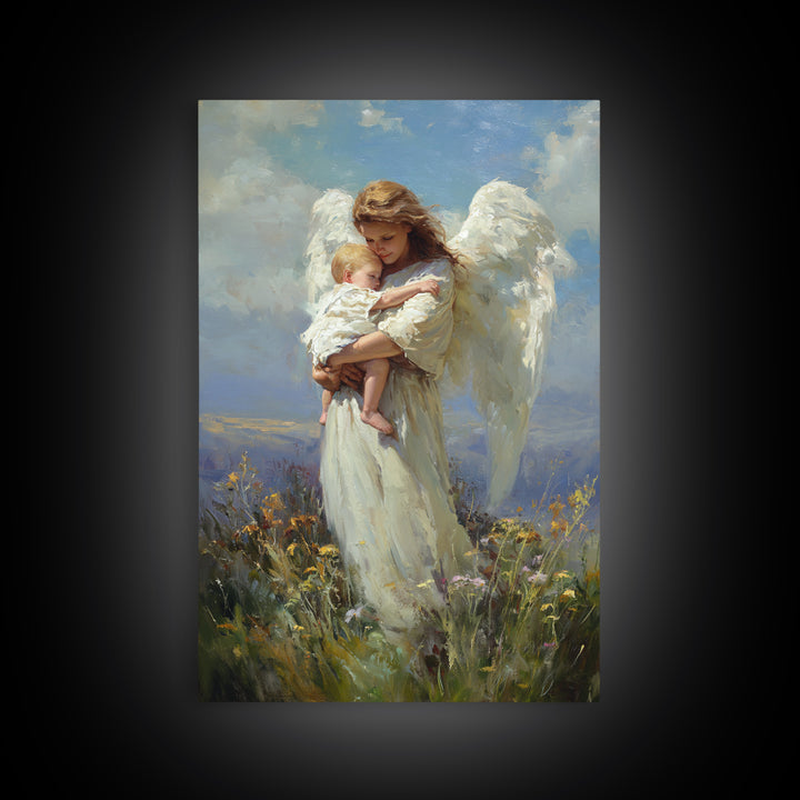 Angel Holding Sleeping Baby In Meadow Canvas Print, Serene Christian Wall Art, Nursery Decor, Guardian Angel Gift For Mom