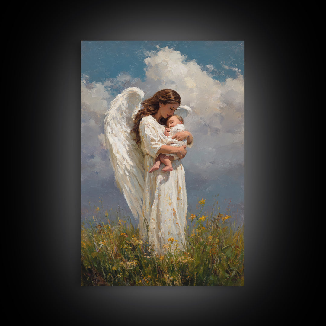 Guardian Angel Holding Newborn Under Clouds Wall Art, Christian Nursery Decor, Baptism Gift, Spiritual Framed Canvas Print