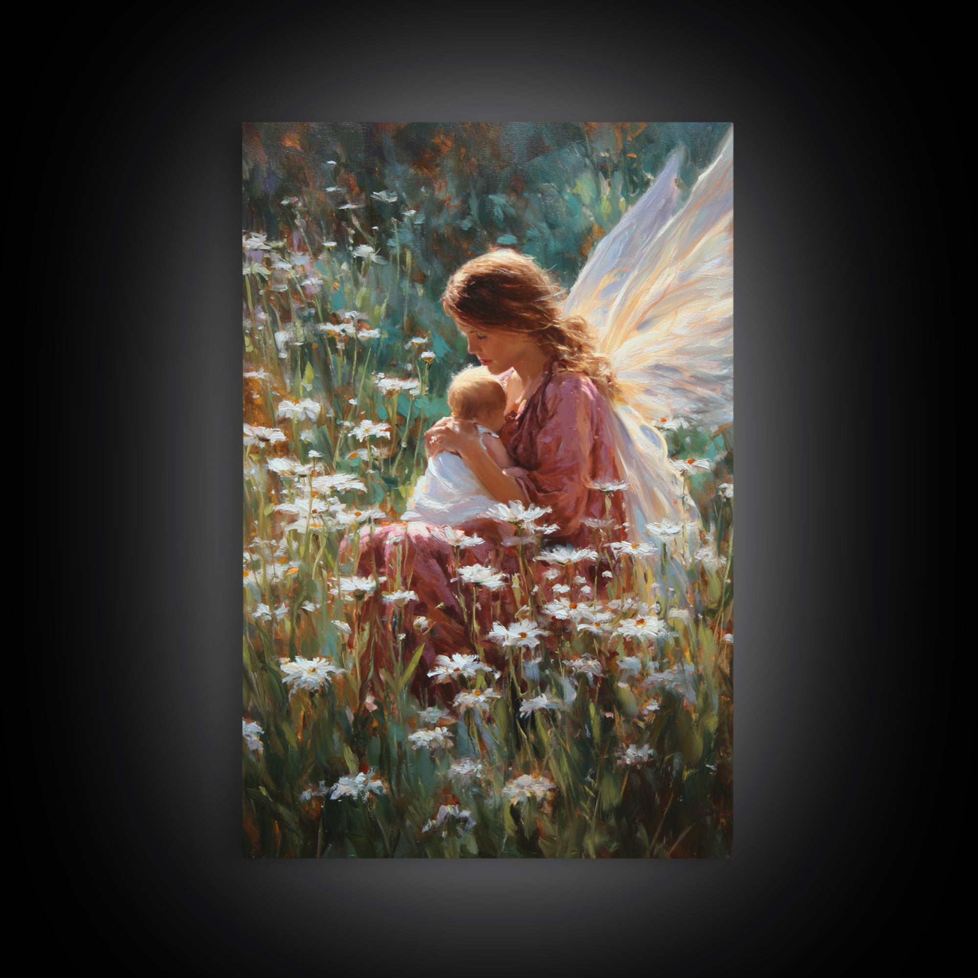 Fairy Mother And Baby In Daisy Garden Framed Canvas Print, Fantasy Wall Art, Nursery Decor, Whimsical Art Print, Gift For Her