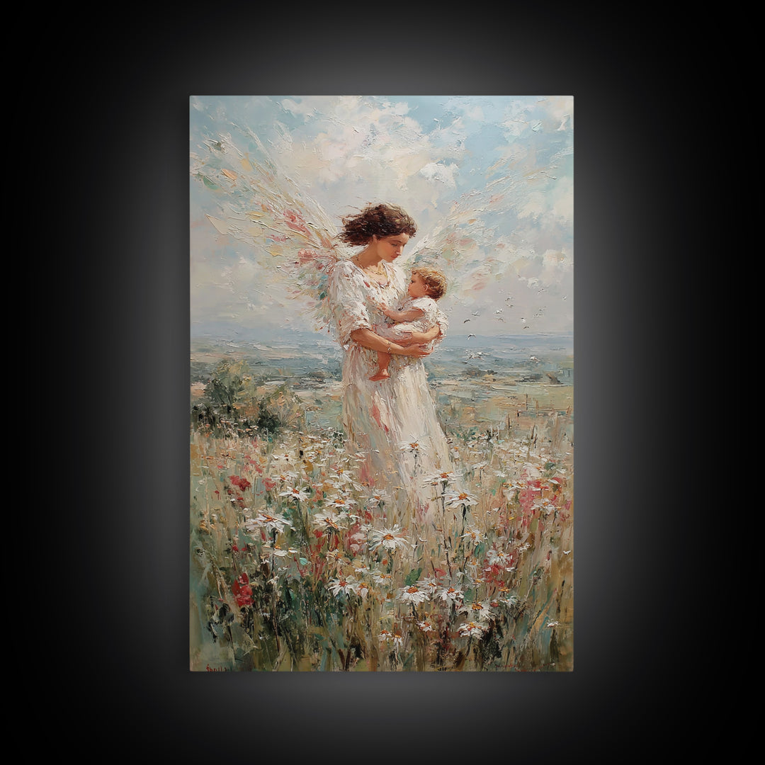 Angel Mother With Infant In Wildflower Meadow Canvas Print, Christian Wall Art, Nursery Decor, Spiritual Gift, Feminine Art