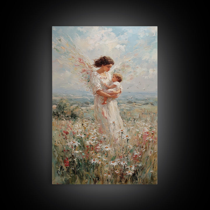 Angel Mother With Infant In Wildflower Meadow Canvas Print, Christian Wall Art, Nursery Decor, Spiritual Gift, Feminine Art